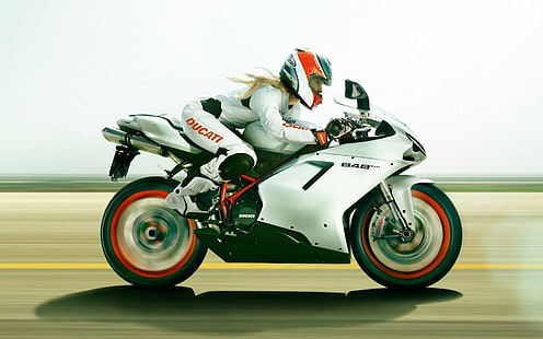 бяло и черно Ducati спортен велосипед, блондинка, мотоциклет, Ducati 848 EVO, HD тапет HD wallpaper