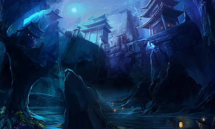 Tempel, Fantasiekunst, blau, HD-Hintergrundbild