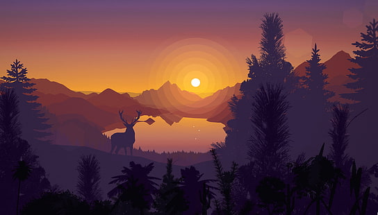 puesta de sol, montañas, lago, vector, ciervo, silueta, postal, Fondo de pantalla HD HD wallpaper