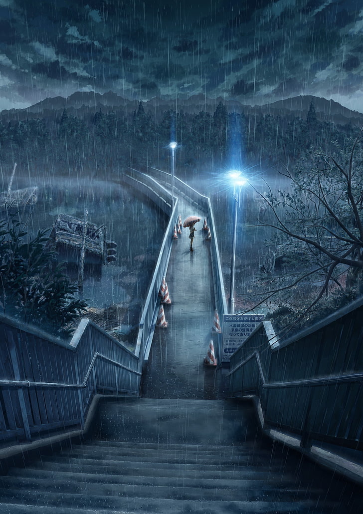 rain, anime, night, heavy rain, umbrella, bridge, water, trees, anime girls, yakkun, HD wallpaper