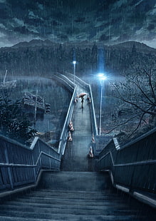 дождь, аниме, ночь, сильный дождь, зонт, мост, вода, деревья, аниме девушки, яккун, HD обои HD wallpaper