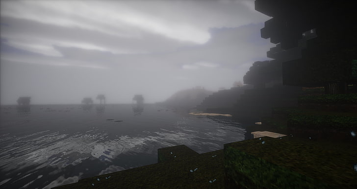 landscape shot of body of water during foggy weather, Minecraft, HD wallpaper
