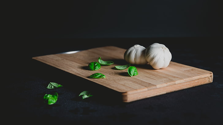 two garlics, garlic, basil, cutting board, vegetables, HD wallpaper