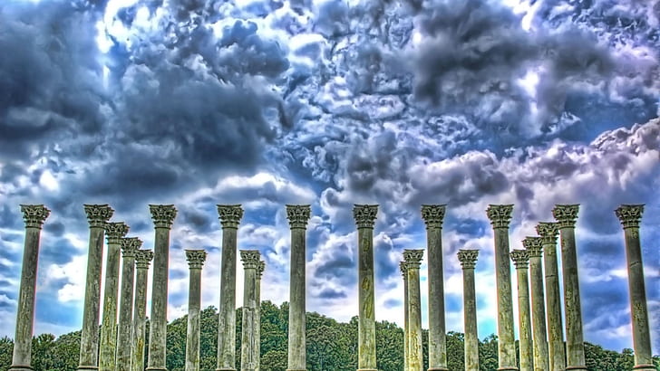 columns, sky, clouds, hdr, HD wallpaper