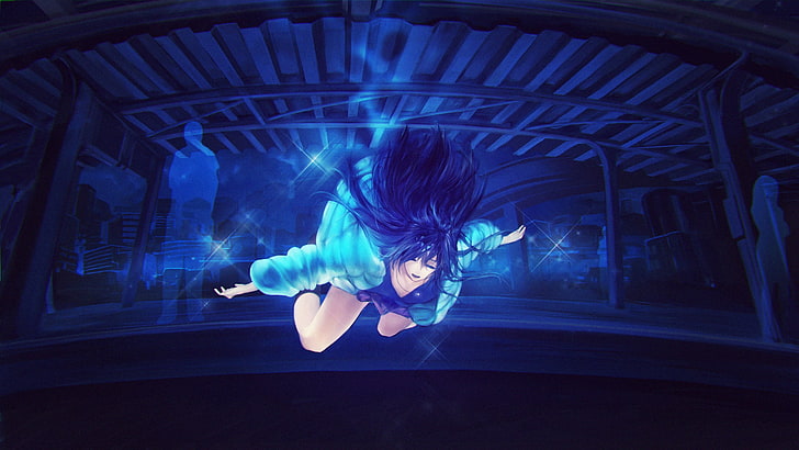 personnage d'anime féminin aux cheveux noirs, personnages originaux, cheveux bleus, cheveux longs, Fond d'écran HD