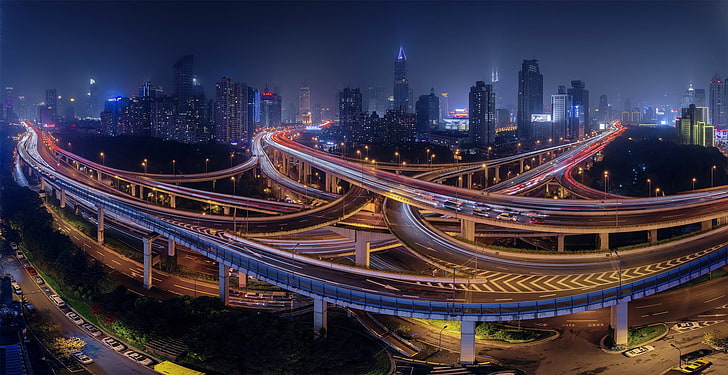 покадровая съемка моста, Шанхай, длительная выдержка, Китай, дорога, мост, город, городской пейзаж, ночь, развязка, HD обои