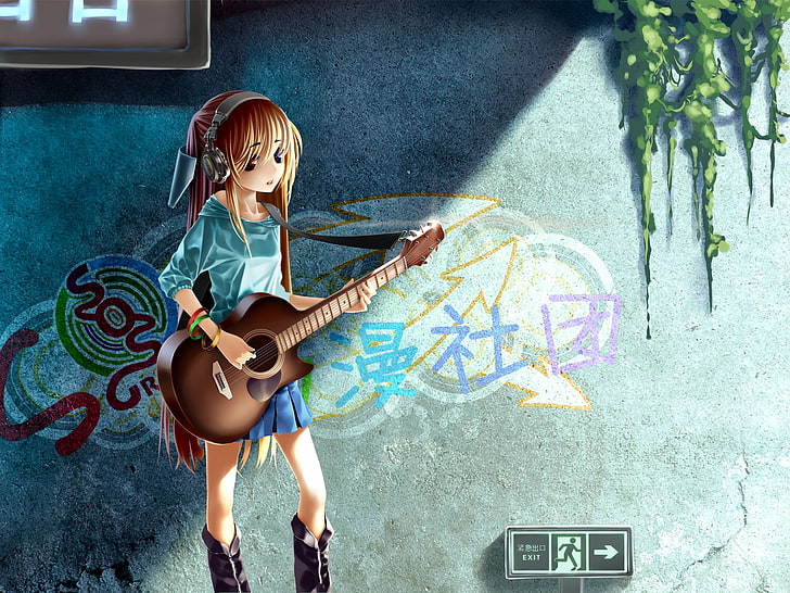 기타, 애니메이션, 헤드폰, 이모, 소녀, 기타를 들고 소녀의 애니메이션 그림, HD 배경 화면