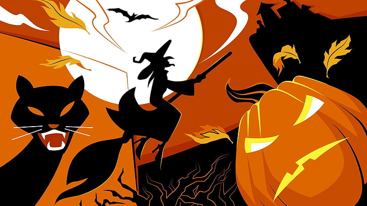 vector, Halloween, moon, house, bat, holiday, pumpkin, witch, scary, spooky, scary house, vector art, flying broom, black cats, HD wallpaper