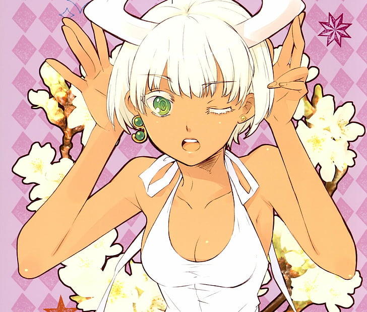 Anime, Original, Grüne Augen, Hörner, Kurzes Haar, Weißes Haar, Zwinkern, Kranz, HD-Hintergrundbild
