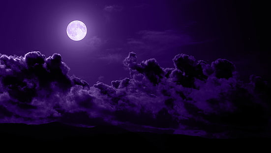 clouds and full moon, clouds, mountains, night, the moon, purple, HD wallpaper HD wallpaper