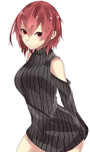 anime, anime girls, sweater, rambut pendek, berambut merah, mata merah, Wallpaper HD HD wallpaper