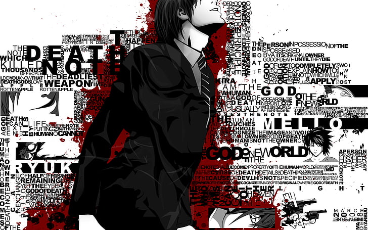 blood, death, gun, light, note, polychromatic, ryuk, weapon, yagami, HD wallpaper