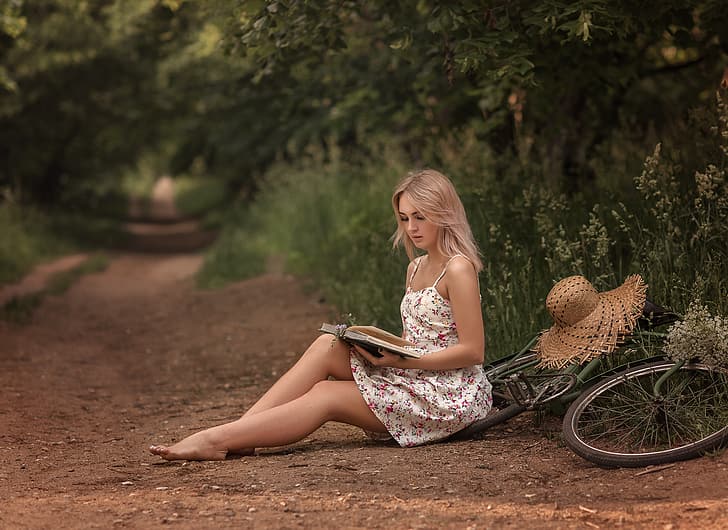 summer, grass, girl, nature, bike, hat, barefoot, dress, blonde, track, book, Victoria Dubrovskaya, HD wallpaper