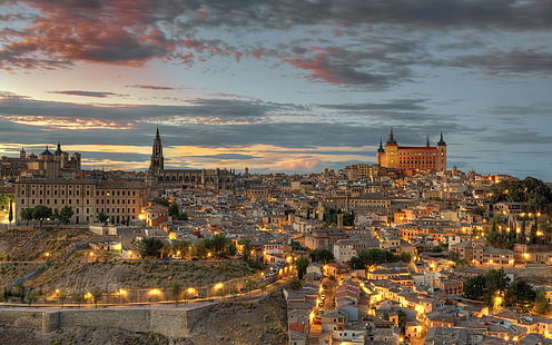 Toledo Hiszpania Krajobraz, toledo, miasto, krajobraz, niebo, noc, Tapety HD HD wallpaper