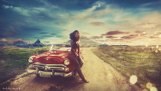 kvinna på röd bilmålning, varm tjej, vintagebil, landskap, varm, HD, HD tapet HD wallpaper