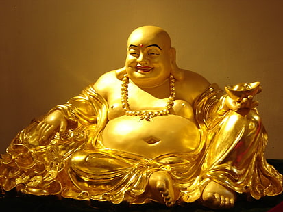 Gyllene leende Buddha, guldfärgad budai statyett, Gud, Lord Buddha, gyllene, buddha, staty, lord, HD tapet HD wallpaper