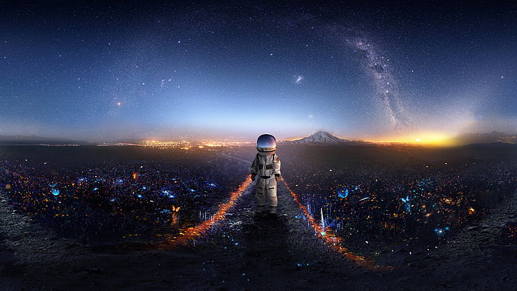 бял костюм за астронавт, астронавт дигитален тапет, планини, астронавт, пеперуда, галактика, Мартина Стипан, HD тапет