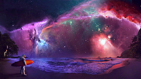 magis, air, andromeda, pantai, luar angkasa, fenomena, seni fantasi, surealis, selancar, astronot, nebula, matahari, ruang, langit, planet, pink, warna, cahaya, galaksi, Wallpaper HD HD wallpaper