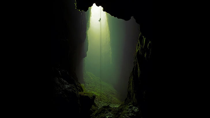 пещера, въжета, катерене, природа, скала, пейзаж, Нова Зеландия, HD тапет