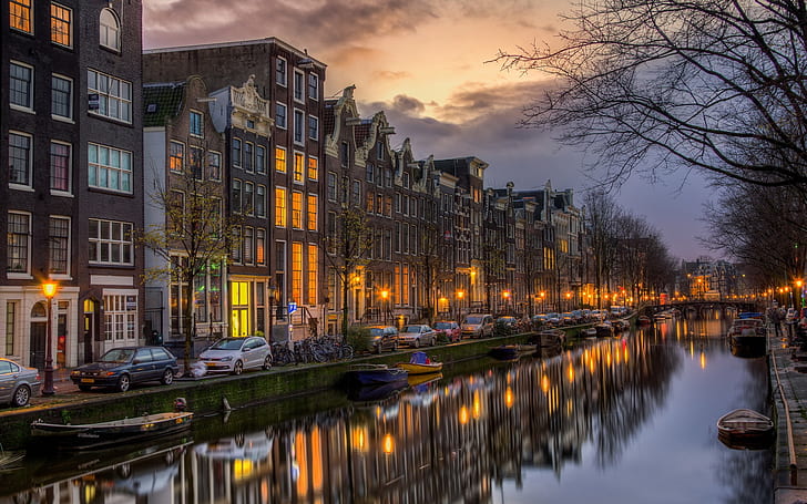 Holanda, Holanda do Norte, Amsterdã, casas, noite, barcos, luzes, Holanda, Holanda do Norte, Amsterdã, casas, noite, barcos, Luzes, HD papel de parede