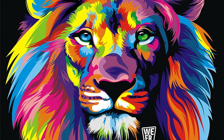 wielobarwna tapeta z głową lwa, lew, kolorowa, abstrakcyjna, Tapety HD