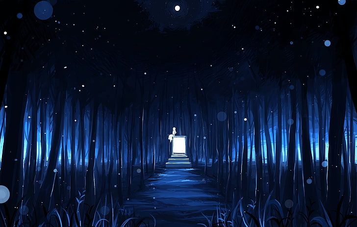 аниме пейзаж, темный лес, звёзды, луна, аниме, HD обои | Wallpaperbetter
