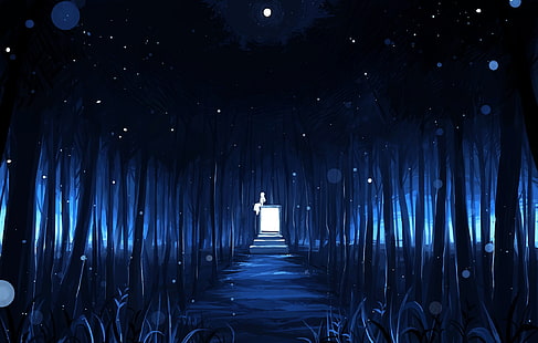 аниме пейзаж, темный лес, звёзды, луна, аниме, HD обои HD wallpaper