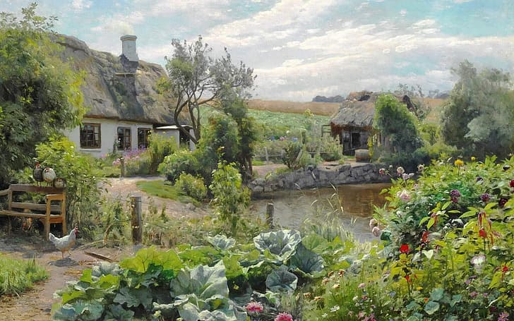 1932, pintor danés, Peter Merk de Menstad, Peder Mørk Mønsted, pintor realista danés, óleo sobre lienzo, día de verano en una granja en un estanque del pueblo, día de verano en una granja junto al estanque del pueblo, Fondo de pantalla HD