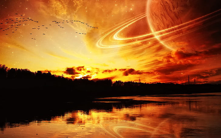 body of water and Saturn planet illustration, sea, space, river, planet, Wallpaper for desktop, HD wallpaper