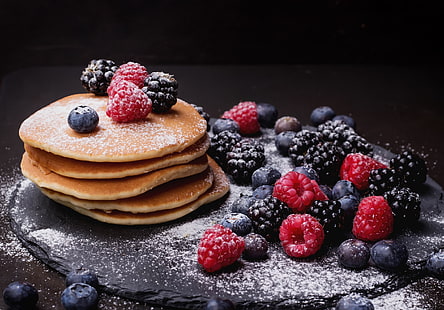 pancakes, food, fruit, berries, blueberries, blackberries, Rasperry (Food), HD wallpaper HD wallpaper