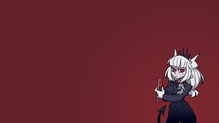 Helltaker, Dämonenmädchen, Dämonenmädchen, einfacher Hintergrund, Schwanz, blondes Haar, Business-Anzug, rote Augen, Handschuhe, Anime, Anime-Mädchen, HD-Hintergrundbild