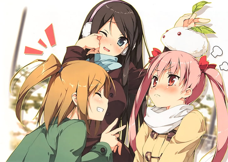 illustrazione di tre personaggi femminili anime, anime girls, capelli lunghi, capelli scuri, capelli rosa, Kantoku, Sfondo HD