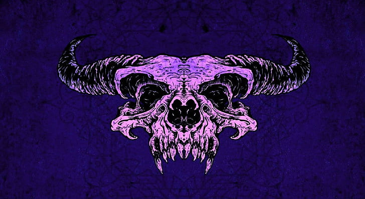 cuernos de demonio, fondo púrpura, cráneo, Fondo de pantalla HD