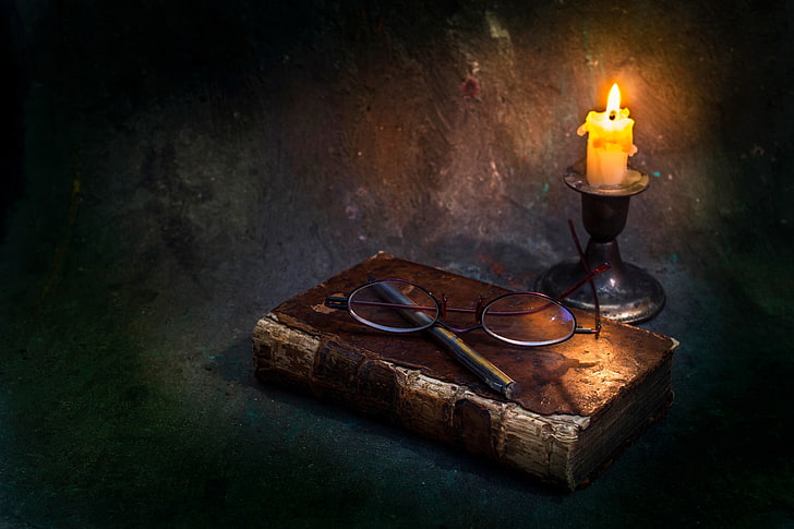 eyeglasses on book beside candle painting, candle, glasses, book, wax, Just memories, HD wallpaper