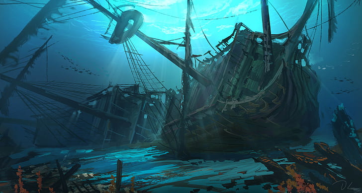 البيئة ، تحت الماء ، السفينة ، الأسماك ، حطام السفن ، الخشب، خلفية HD