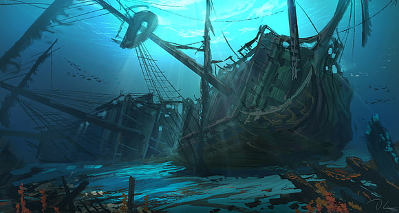  environment, underwater, ship, fish, shipwreck, wood, HD wallpaper HD wallpaper