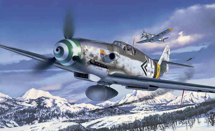 بكرة صيد رمادية وخضراء ، Messerschmitt ، Messerschmitt Bf-109 ، Luftwaffe ، عمل فني ، طائرة عسكرية ، الحرب العالمية الثانية ، ألمانيا، خلفية HD