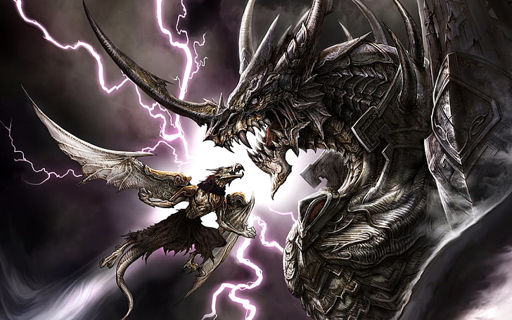 gray dragon illustration, lightning, dragon, teeth, armor, HD wallpaper
