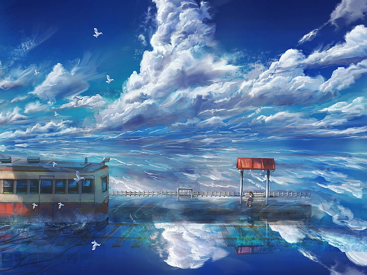Anime, Original, Cloud, Girl, Railroad, Reflection, Train, Train Station, HD wallpaper
