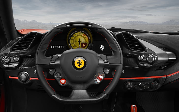 Setir mobil Ferrari hitam, Ferrari 488 Pista, Interior, Geneva Motor Show, 2018, 4K, Wallpaper HD