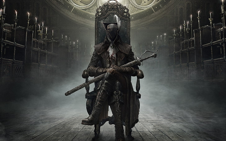 character holding sword and sitting on armchair, Bloodborne, video games, Lady Maria, HD wallpaper