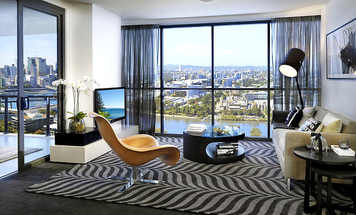 cadeira de madeira marrom, decorações, interior, salas de estar, moderna, paisagem urbana, HD papel de parede
