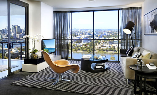 brązowe drewniane krzesło, dekoracje, wnętrze, salony, nowoczesny, pejzaż miejski, Tapety HD HD wallpaper