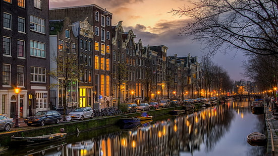 europe, netherlands, amsterdam, reflected, architecture, evening, buildings, lights, HD wallpaper HD wallpaper
