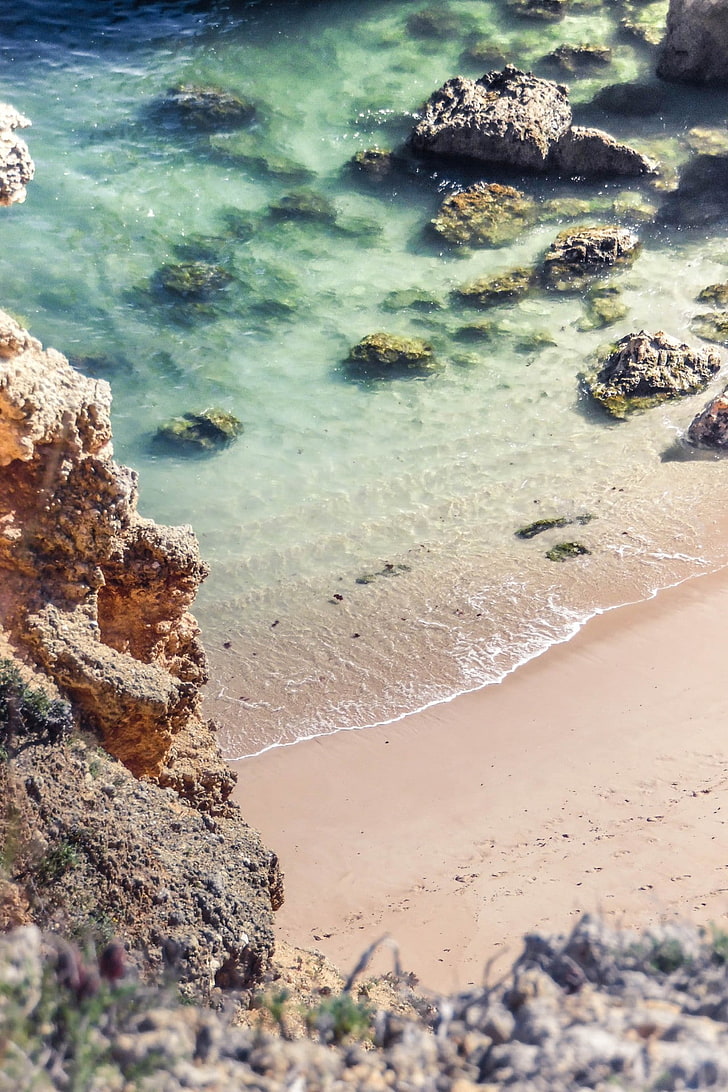 плаж, Алгарве (Португалия), скали, пясък, тропическа вода, HD тапет, тапет за телефон