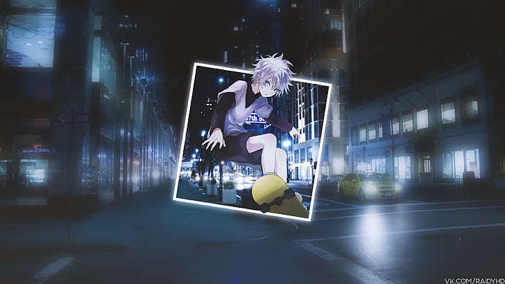 Anime, Anime Boys, Bild-in-Bild, Hunter x Hunter, Killua Zoldyck, weiße Haare, Skateboard, HD-Hintergrundbild