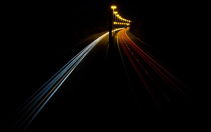 صورة بفاصل زمني للطريق ، الطريق السريع ، الأضواء ، التعريض الطويل ، الليل ، حركة المرور، خلفية HD