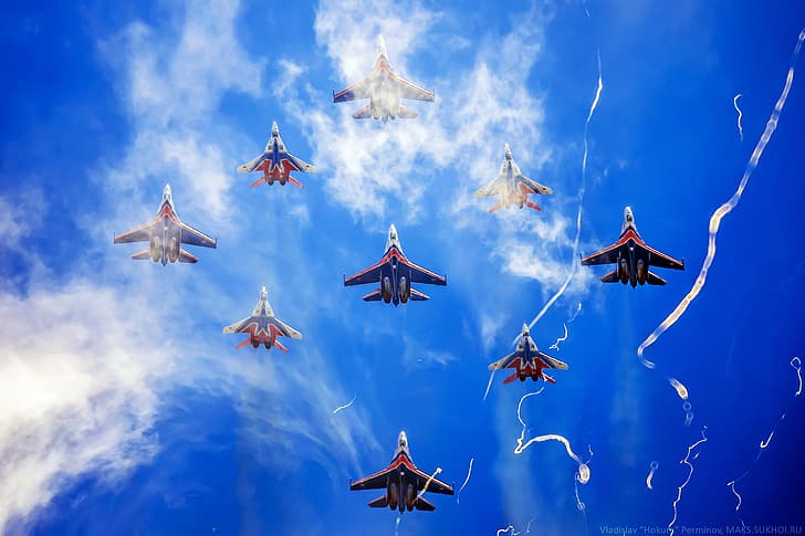 하늘, Su-27, MiG-29, 곡예 비행 팀, andquot;Swiftsandquot;, andquot; 러시아 Knightsandquot;, HD 배경 화면