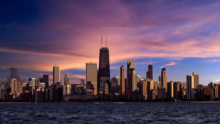 Chicago, Illinois, ciudad, río, rascacielos, tarde, cielo púrpura, puesta del sol, Chicago, Illinois, ciudad, río, rascacielos, tarde, púrpura, cielo, puesta del sol, Fondo de pantalla HD
