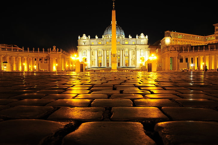 ночь, огни, обелиск, Ватикан, собор святого петра, площадь святого петра, HD обои